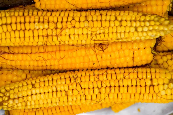 Alüminyum tepside haşlanmış mısır. Yakınlarda mısır var. Mısıra yakın çekim. Sarı haşlanmış taze mısır, yararlı ve lezzetli yiyecekler..