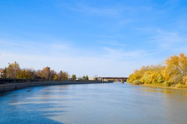 Sonbahar manzara. Nehir banka sonbahar ağaçları ile. B kavak