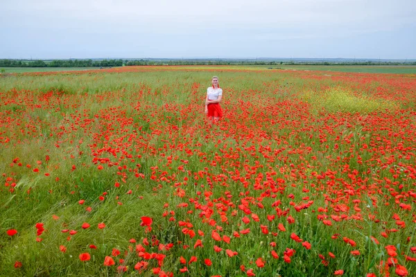 Kırmızı etekli, beyaz gömlekli, kırmızı küpeli sarışın bir kadın gelincik tarlasının ortasında..