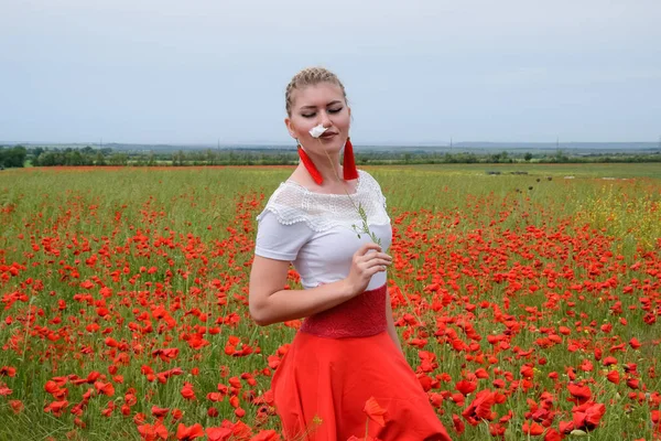 Kırmızı haşhaş tarlasının ortasında bir kızın ellerinde beyaz haşhaş çiçeği