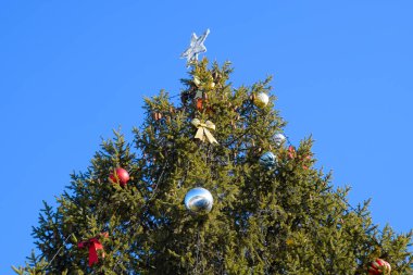 Süslemeleri yılbaşı ağacı. Tinsel ve oyuncaklar, topları ve diğer süslemeleri Noel Noel ayakta açık havada ağaç.
