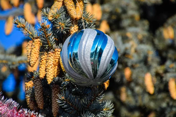 Decorazioni albero di Capodanno. Tagliatelle e giocattoli, palline e altre decorazioni sull'albero di Natale in piedi all'aria aperta . — Foto Stock