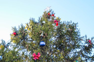 Süslemeleri yılbaşı ağacı. Tinsel ve oyuncaklar, topları ve diğer süslemeleri Noel Noel ayakta açık havada ağaç.