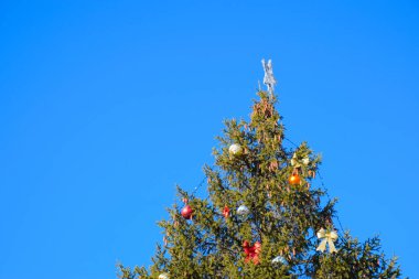 Süslemeleri yılbaşı ağacı. Tinsel ve oyuncaklar, topları ve diğer süslemeleri Noel Noel ayakta açık havada ağaç.