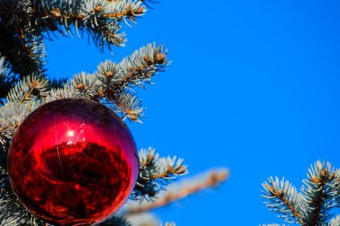 Süslemeleri yılbaşı ağacı. Tinsel ve oyuncaklar, topları ve diğer süslemeleri Noel Noel ayakta açık havada ağaç.