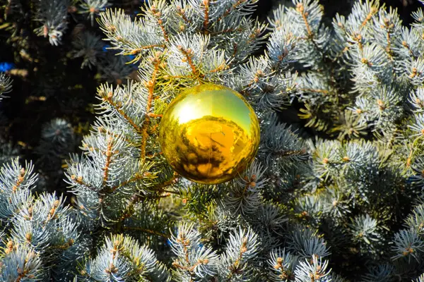 Decorações árvore de Ano Novo. Tinsel e brinquedos, bolas e outras decorações na árvore de Natal de pé ao ar livre . — Fotografia de Stock