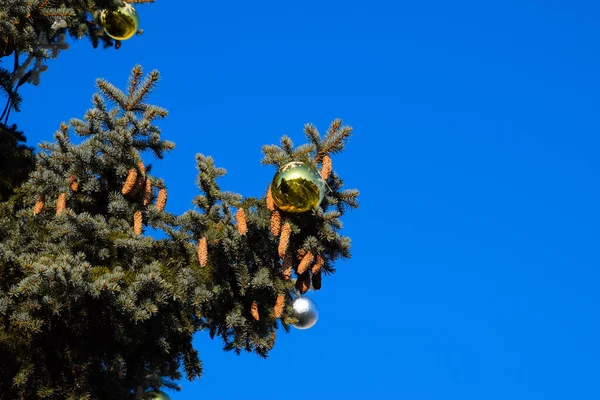 Decorações árvore de Ano Novo. Tinsel e brinquedos, bolas e outras decorações na árvore de Natal de pé ao ar livre . — Fotografia de Stock