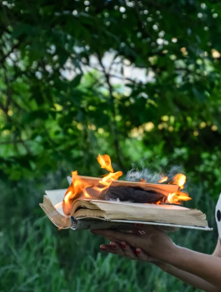 Горящая книга в руках. Сжигание книг в лесу . — стоковое фото