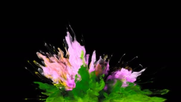 Explosão de cor - colorido rosa verde fumaça partículas de fluido de explosão alfa fosco — Vídeo de Stock