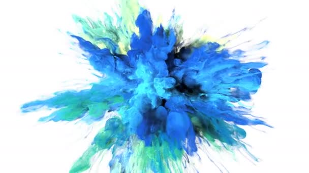 Színes robbanás - színes kék encián sárga füst robbanás folyékony gáz tinta részecskék lassított alfa-Matt elszigetelt fehér