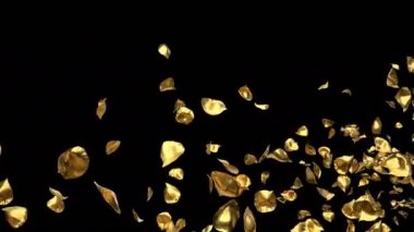 Altın metal uçan romantik Sevgililer günü, anneler günü, evlilik yıldönümü tebrik kartları, davet veya Doğum günü e-kart için çiçek yaprakları yükseldi. Sorunsuz döngü 4 k alfa kanalı izole