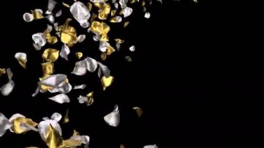 Altın gümüş metal uçan romantik Sevgililer günü, anneler günü, evlilik yıldönümü tebrik kartları, davet veya Doğum günü e-kart için çiçek yaprakları yükseldi. Sorunsuz döngü 4 k alfa kanalı izole