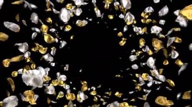 Altın gümüş metal uçan romantik Sevgililer günü, anneler günü, evlilik yıldönümü tebrik kartları, davet veya Doğum günü e-kart için çiçek yaprakları yükseldi. Sorunsuz döngü 4 k alfa kanalı izole