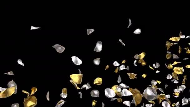 浪漫的飞行金银金属玫瑰花瓣为情人节 母亲节 结婚纪念日贺卡 邀请或生日电子贺卡 隔离的无缝环路 Alpha — 图库视频影像