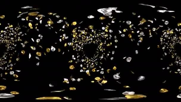 360 VR Pétales de fleurs de rose en métal doré pour la Saint-Valentin, cartes de vœux anniversaire de mariage, invitation ou carte électronique d'anniversaire. Boucle sans couture 4k canal alpha isolé 