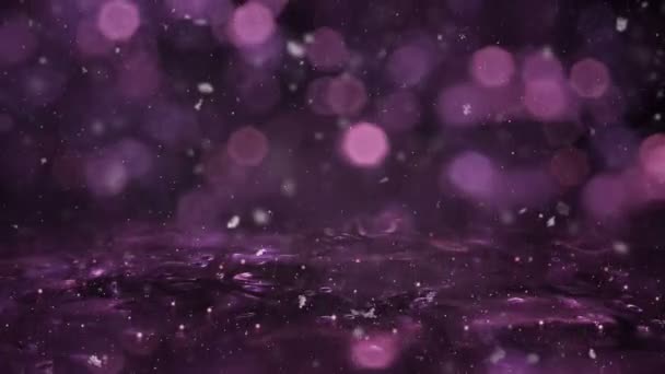 Zimní purpurová pohybu pozadí světla sníh padá na ledě rozostření bokeh smyčka — Stock video