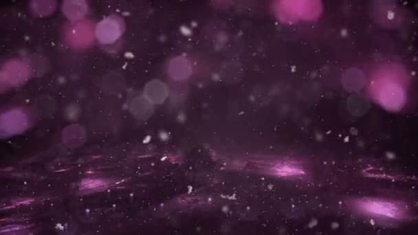 겨울 마젠타 모션 배경 빛 눈이 얼음에 떨어지는 defocused bokeh 루프 — 비디오