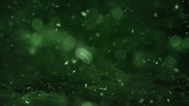 Winter Green Motion background lights, snow falling on ice defocused bokeh loop — Stock Video
