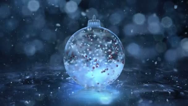 Natale rotante blu ghiaccio vetro Bauble fiocchi di neve rosso palle di sfondo loop — Video Stock