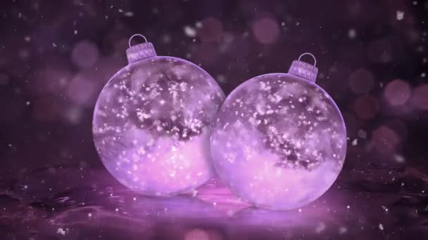 Dos bolas de cristal de hielo rosa de Navidad decoraciones copos de nieve bucle de fondo — Vídeo de stock