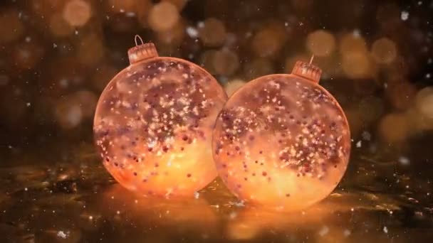 Due rotanti Natale Golden Ice Glass Baubles neve rosso palle di sfondo loop — Video Stock