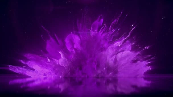 Violette Farbe Platzt Bunte Rauch Explosion Flüssigkeit Gas Glühende Partikel — Stockvideo