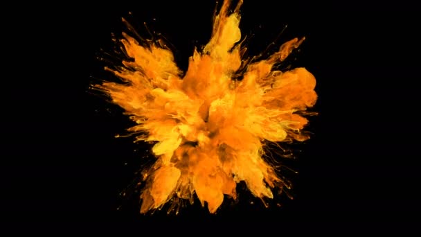 オレンジ色の破烈 カラフルな煙爆発流体粒子スローモーション アルファ マット白で隔離 — ストック動画