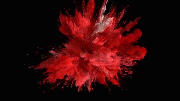 Rode Kleur Burst Kleurrijke Rook Explosie Vloeistof Deeltjes Slowmotion Alpha — Stockvideo
