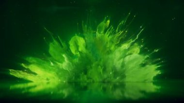 Yeşil renk Burst - renkli duman patlama sıvı gaz parlayan parçacıklar ağır çekim 3d yansıma zemin ürün yerleştirme reklam için hazır