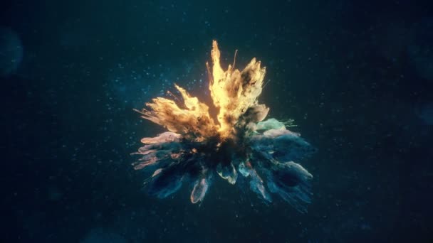 深蓝色黄色爆裂 五颜六色的烟雾爆炸流体粒子慢动作背景 — 图库视频影像