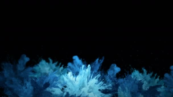 Explosão de cor - Várias explosões de fumaça coloridas azuis fluido em pó partículas de gás líquido câmera lenta alfa fosco — Vídeo de Stock