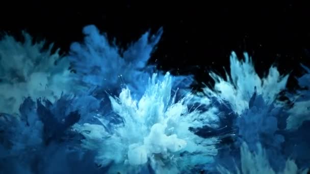 Seri çekim - birden çok mavi renkli duman patlamalar sıvı toz likit gaz parçacıkları yavaş Alfa mat renk — Stok video