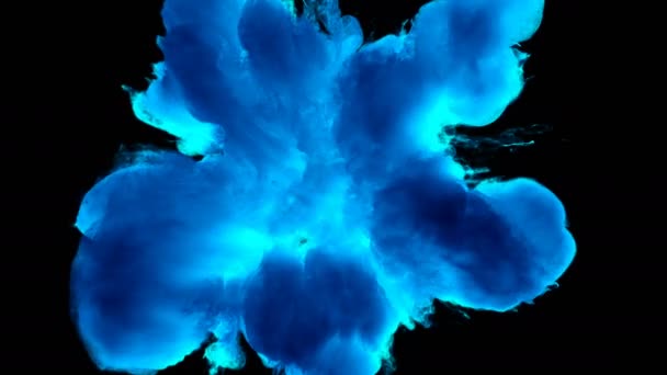 Μπλε χρώμα έκρηξη πολύχρωμο σκόνη καπνού έκρηξη ρευστό μελάνι σωματίδια άλφα ματ — Αρχείο Βίντεο
