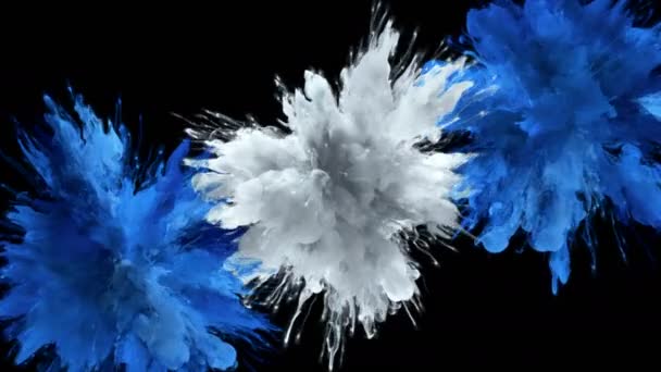 Blu Bianco Colore Burst Molteplici esplosioni di fumo colorato particelle fluide alfa — Video Stock