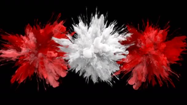 红色白色爆裂-多个五颜六色的烟雾爆炸流体粒子α — 图库视频影像