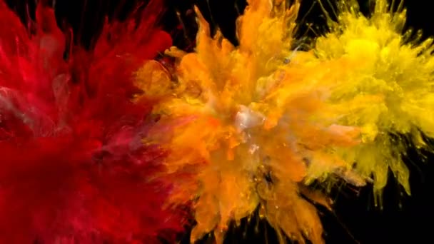 红色橙色黄色爆裂-多个五颜六色的烟雾爆炸液体阿尔法 — 图库视频影像