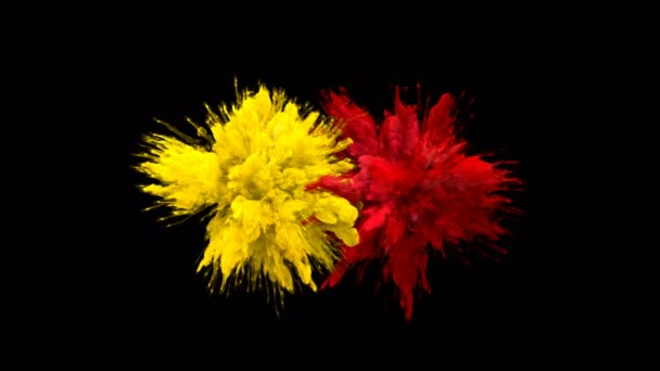Κίτρινο κόκκινο χρώμα έκρηξη πολλαπλά πολύχρωμα εκρηκτικά σωματίδια υγρών σωματιδίων άλφα — Αρχείο Βίντεο