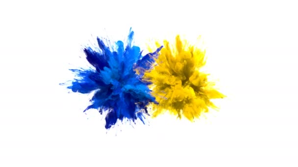 Bleu jaune couleur Burst plusieurs explosions de fumée colorées particules de liquide alpha — Video