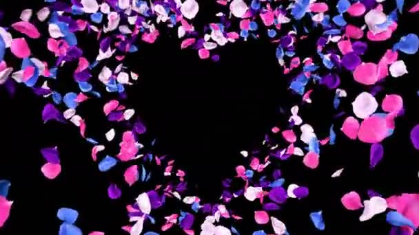 Flying Romántico vibrante colorido rosa flor pétalos corazón alfa aislado lazo — Vídeo de stock