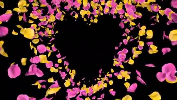 Flying Romantic yellow pink Rose Flower Petals heart Alpha isolated Loop — Stock Video