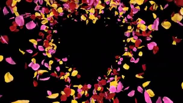 Flying романтичний живий барвистий рожевий пелюсток квітки серце альфа ізольований цикл — стокове відео
