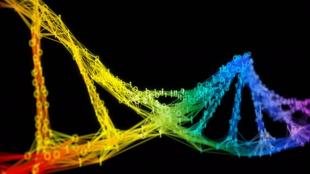 Isolé Iridescent arc-en-ciel binaire Digital Plexus ADN molécule brin coloré — Video