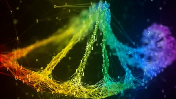 Iridescente arco iris binario ADN digital molécula hebra colorido lazo fondo — Vídeo de stock