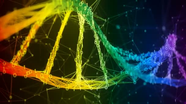 Iridescente arco iris binario ADN digital molécula hebra colorido lazo fondo — Vídeos de Stock
