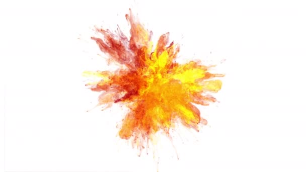 Χρώμα Έκρηξη πολύχρωμο πορτοκαλί σκόνη καπνού έκρηξη ρευστό μελάνι σωματίδια άλφα — Αρχείο Βίντεο