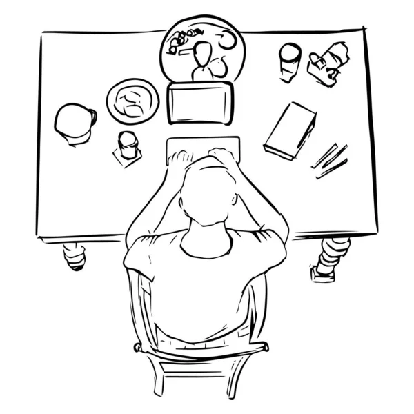 Bilgisayarda çalışan bir adamın çizimi. Yukarıdan görünüm