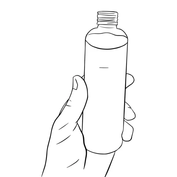 Skizze mit einer Flasche Shampoo oder Körperöl in der Hand — Stockvektor