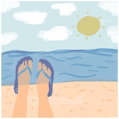Güneşli deniz ve kumsalda ayaklar terlik içinde