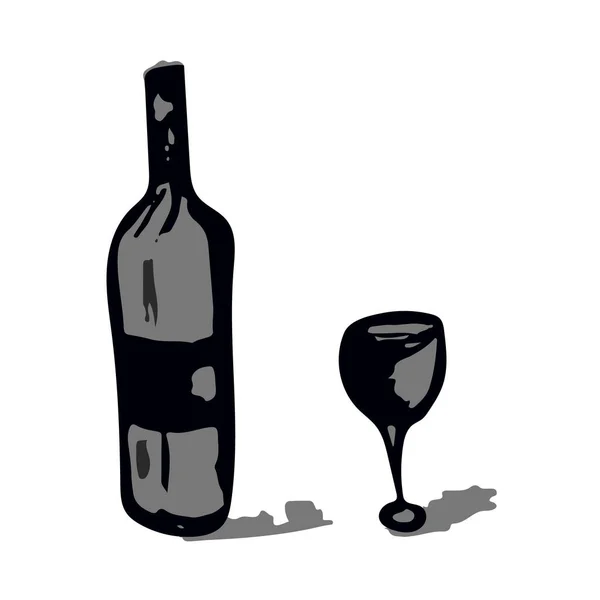 Şarap kadehi ve şişe siyah ve gri ölçekli.