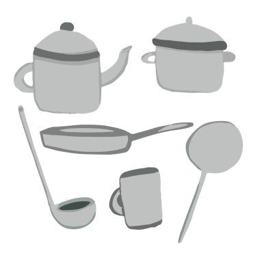 Kapağı, kepçesi, tavası, tenceresi, kupası, tenceresi ve spatulası olan tencereler.